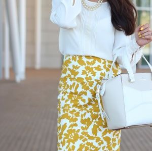 Mustard yellow floral cream pencil skirt